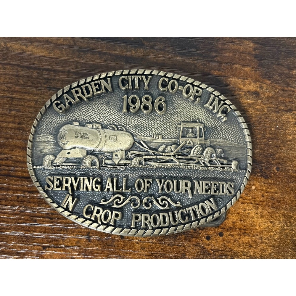 Brass Belt Buckle 1986 Garden City Co-op Crop Production Vtg Award Design Medals